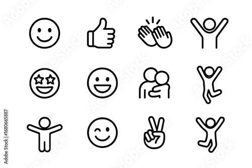 Positive Expression Icons. Outline icon set of positive expressions: cheerful face, thumbs up, clapping hands,