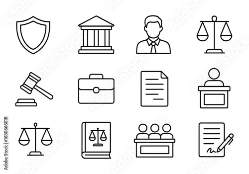 Legal Defense Icons. Outline icon set of legal defense: shield, courthouse, lawyer, scales, gavel, briefcase,
