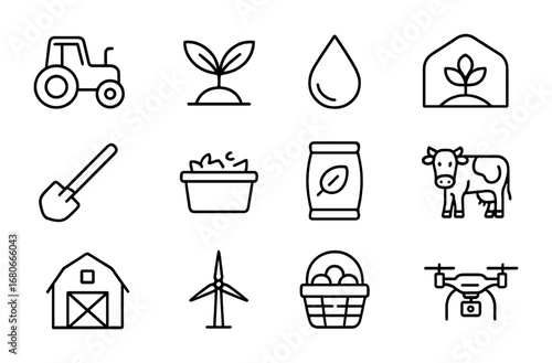 Sustainable Agriculture Icons. Outline icon set of sustainable agriculture: tractor, plant, water drop,