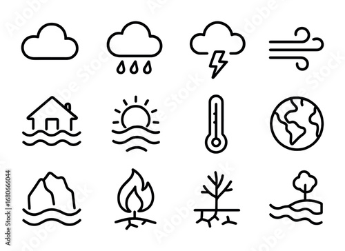 Climate Change Icons. Outline icon set of climate change: cloud, rain, storm, wind, flood, heatwave,