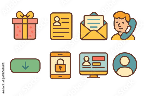 Colorful Lead Icons. Flat vector mini-illustrations lead generation ideas in colors children's illustrations: