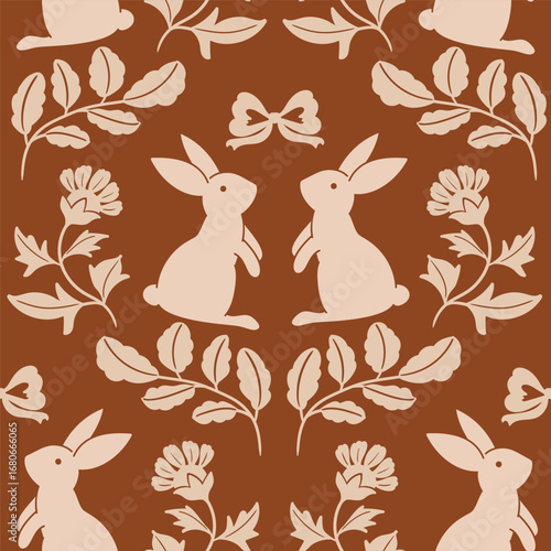 Autumn season seamless pattern background vector. Fall harvest wallpaper with leaves branch, rabbit, flower. Design for print, cover, fabric, packaging, wall art, home decor. 