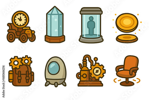 Famous Time Machines. Flat vector mini-illustrations famous time machines in colors children's illustrations: