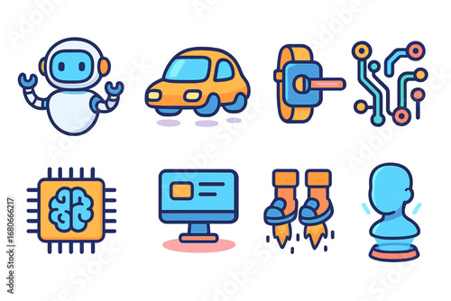 Futuristic Kids Tech Icons. Flat vector mini-illustrations futuristic technology in colors children's