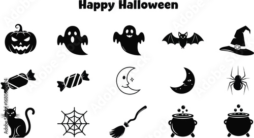 Halloween vector icons set with pumpkin, ghost, bat, candy, moon, hat, cat, spiderweb, broom, and cauldron