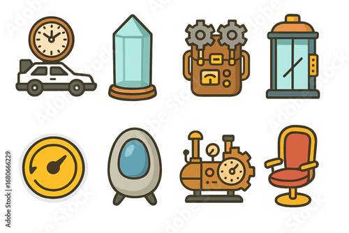 Famous Time Machines. Flat vector mini-illustrations famous time machines in colors children's illustrations: