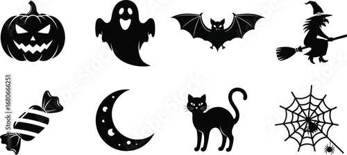 Halloween icons set featuring pumpkin, ghost, bat, witch, candy, moon, cat, and spiderweb