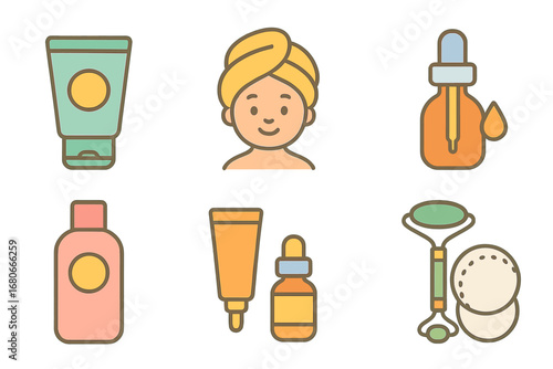 Children's Skincare Icons. Flat vector mini-illustrations morning skincare routine in colors children's