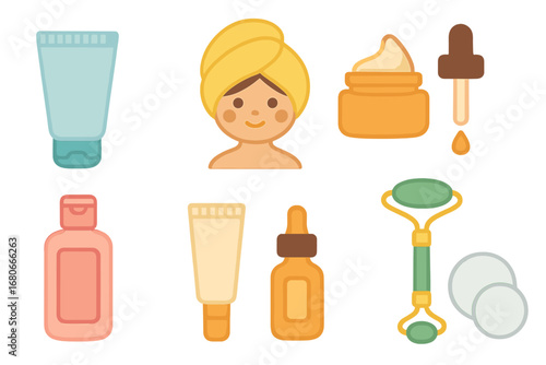 Children's Skincare Icons. Flat vector mini-illustrations morning skincare routine in colors children's