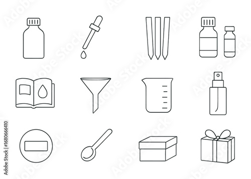 DIY Perfume Kit Icons. Outline icon set of DIY perfume kits: mixing bottle, dropper, scent strips, essential