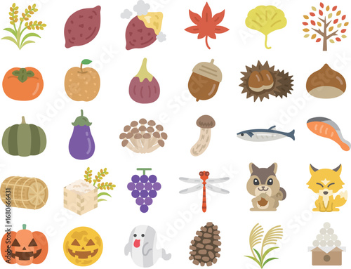 秋の味覚と秋の風物詩のアイコンのイラストセット