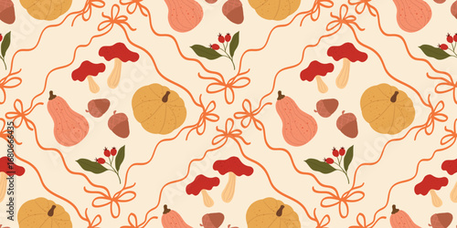 Autumn season seamless pattern background vector. Fall harvest wallpaper with pumpkin, mushroom, walnut, holly leaf, ribbon frame. Design for print, cover, fabric, packaging, wall art, home decor. 