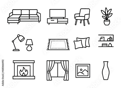 Living Room Icons. Outline icon set of modern living room transformation: sectional sofa, media console,