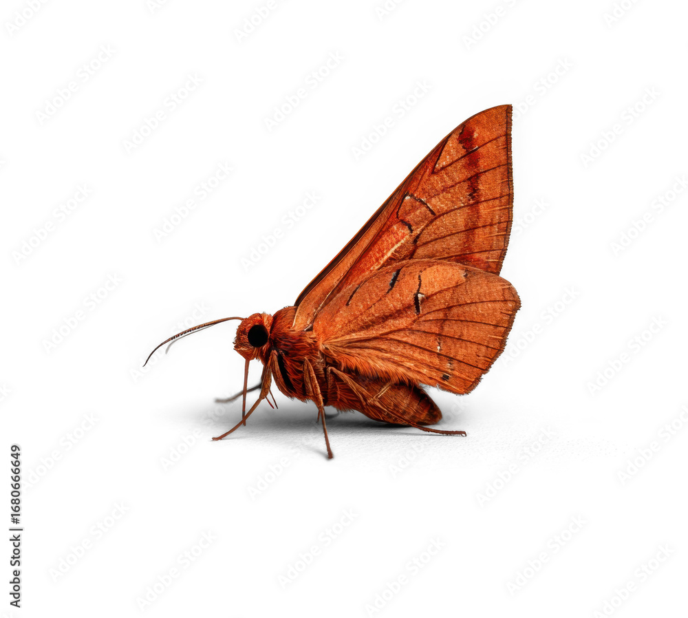 Obraz premium Wings of Autumn: A delicate moth of rich brown hues stands poised against a pristine backdrop, its intricate wing patterns and graceful presence whispering of nature's quiet beauty.