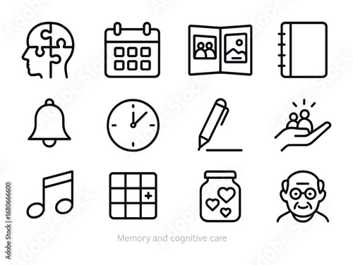 Memory Care Icons. Outline icon set of memory and cognitive care: puzzle brain, calendar, photo album,
