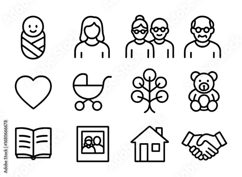 Family Bonds Icons. Outline icon set of family bonds across generations: baby, parents, grandparents, heart,