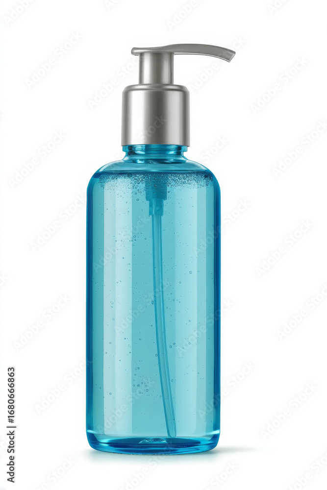 Clear blue pump bottle for hand sanitizer, soap, or lotion promoting hygiene and freshness
