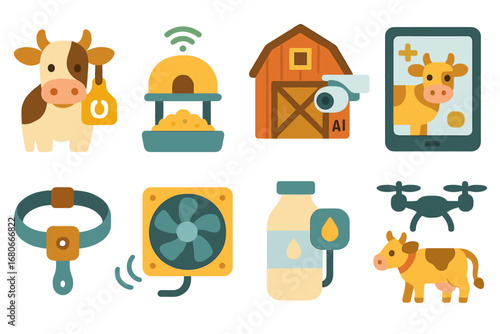 AI-Powered Livestock Monitoring. Flat vector mini-illustrations livestock monitoring with AI in colors