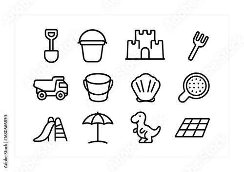 Sandbox Play Icons. Outline icon set of sandbox play: shovel, bucket, sandcastle, rake, toy truck, pail, sand