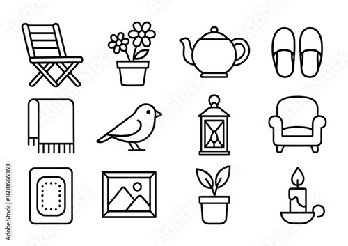 Cozy Retirement Icons. Outline icon set of peaceful retirement at home: garden chair, flowers, teapot,