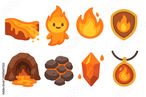 Volcano Adventure Icons. Flat vector mini-illustrations journey to the heart of the volcano in colors children