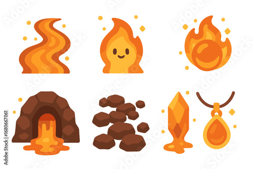 Volcano Adventure Icons. Flat vector mini-illustrations journey to the heart of the volcano in colors children
