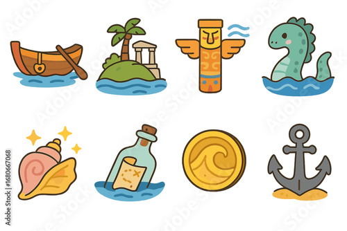 Mythical Island Adventure Icons. Flat vector mini-illustrations island-hopping mythical voyage in colors