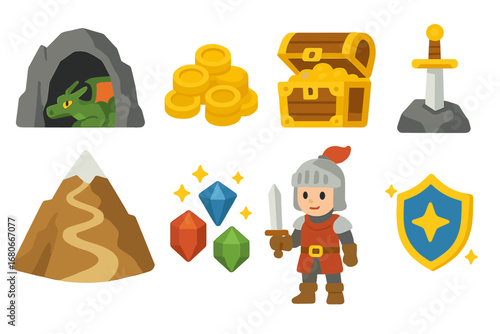 Dragon's Treasure Quest Icons. Flat vector mini-illustrations quest for a dragon’s treasure in colors children