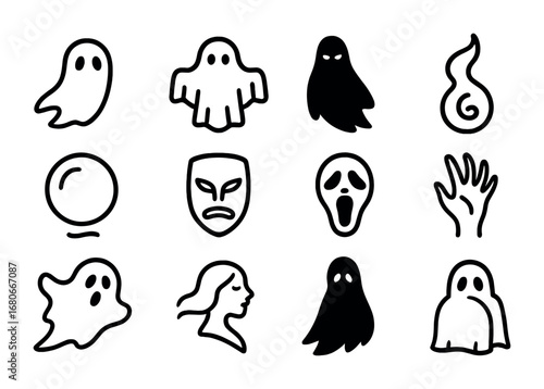 Ghost Icon Collection. Outline icon set of ghosts and spirits: floating ghost, sheet ghost, shadow figure,