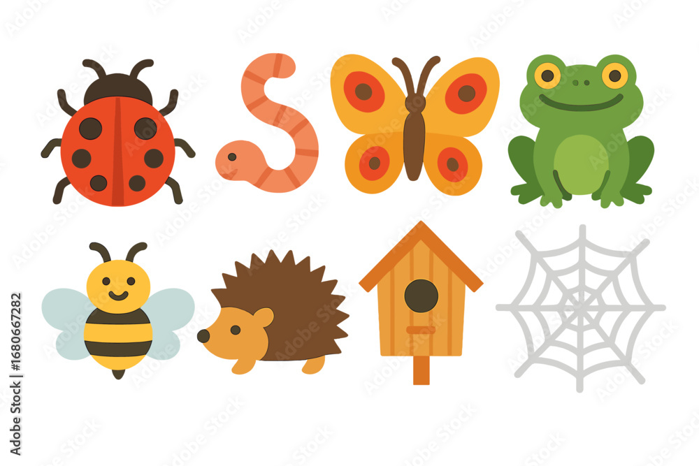 Fototapeta premium Garden Wildlife Helpers. Flat vector mini-illustrations garden wildlife helpers in colors children's