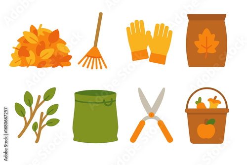 Autumn Garden Cleanup. Flat vector mini-illustrations autumn garden cleanup in colors children's illustrations