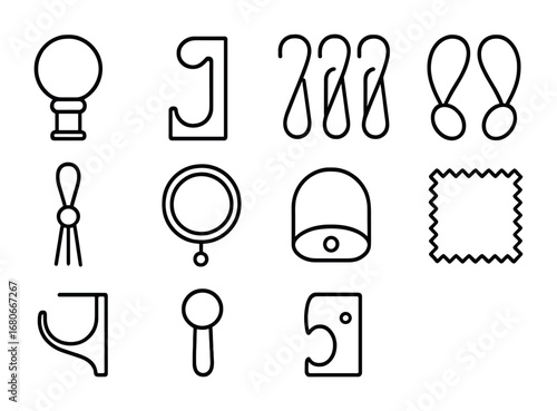 Curtain Accessories Icons. Outline icon set of curtain accessories: finial, rod bracket, curtain hooks,