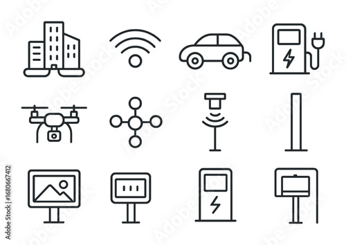 Smart City Icons. Outline icon set of smart city design: connected buildings, Wi-Fi signal, electric car,