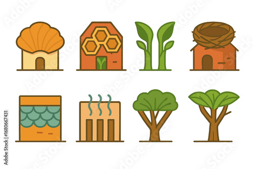 Biomimicry Architecture Icons. Flat vector mini-illustrations biomimicry in architecture in colors children's