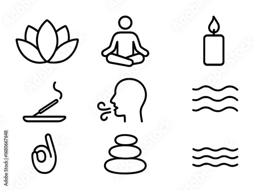 Mindfulness Icon Set. Outline icon set of mindfulness: lotus flower, seated person, candle, incense stick,