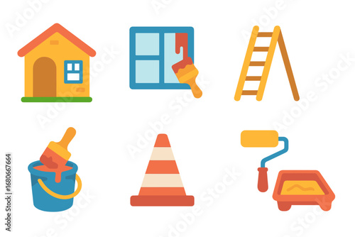 Colorful Building Tools Icons. Flat vector mini-illustrations painting building exteriors in colors children's