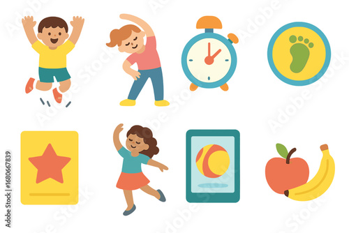 Children's Activity Icons. Flat vector mini-illustrations physical activity games in colors children's