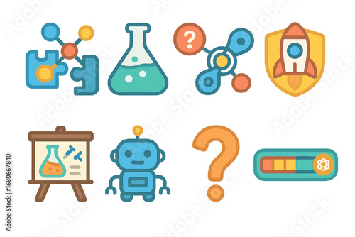 Science Adventure Icons. Flat vector mini-illustrations science discovery games in colors children's