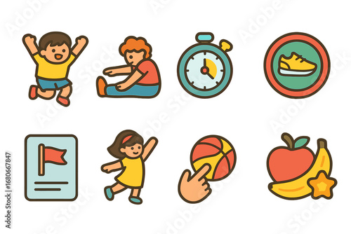 Children's Activity Icons. Flat vector mini-illustrations physical activity games in colors children's