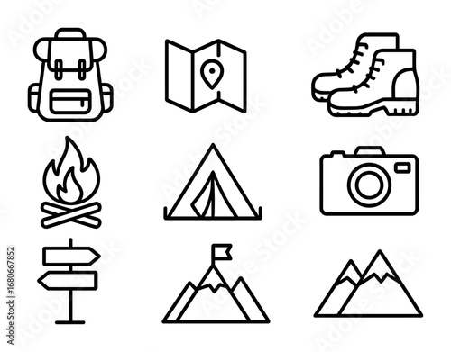 Adventure Icon Set. Outline icon set of shared adventures: backpack, map, hiking boots, campfire, tent, camera