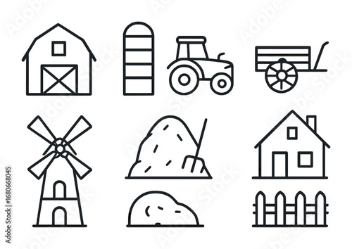 Rural Farm Icon Set. Outline icon set of rural farm life: barn, silo, tractor, cart, windmill, haystack,