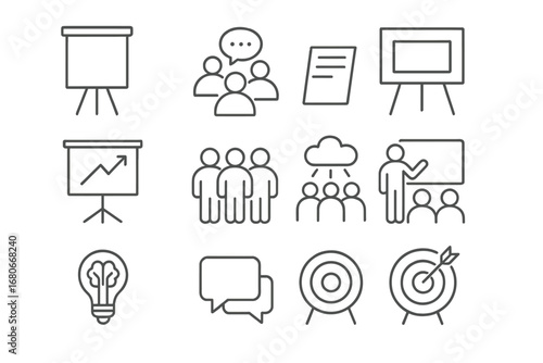 Skill-Building Workshop Icons. Outline icon set of skill-building workshops: flip chart, group discussion,