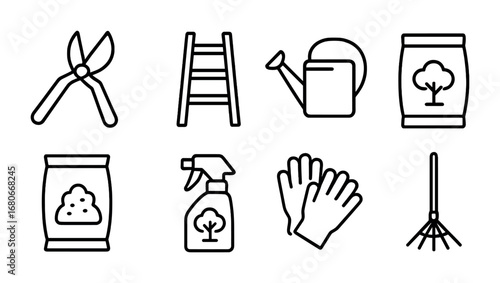Tree Care Icon Set. Outline icon set of tree care: pruning shears, ladder, watering can, fertilizer, mulch bag
