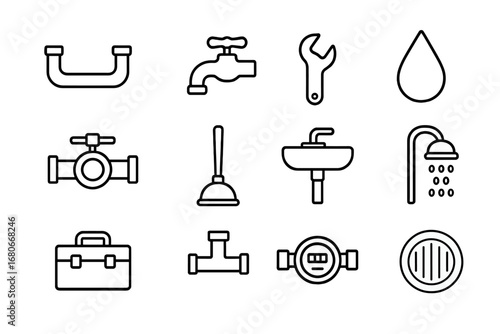 Plumbing Skills Icons. Outline icon set of plumbing skills: pipe, faucet, wrench, water drop, valve, plunger,