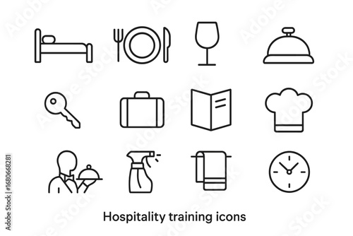 Hospitality Training Icons. Outline icon set of hospitality training: bed, plate, wine glass, reception bell,
