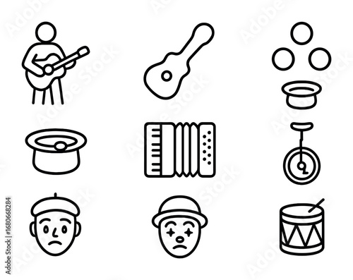 Street Performance Icons. Outline icon set of street performance: busker, guitar case, juggling balls, hat for