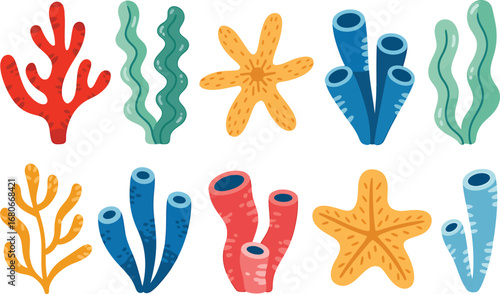 Vibrant stylized marine life elements diverse coral, swaying seaweeds, unique sponges, cheerful starfish. Underwater aquatic ecosystem artwork.
