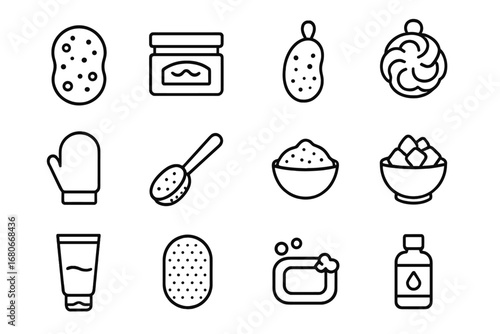 Body Exfoliation Icons. Outline icon set of body exfoliation: sponge, scrub jar, pumice stone, loofah, body