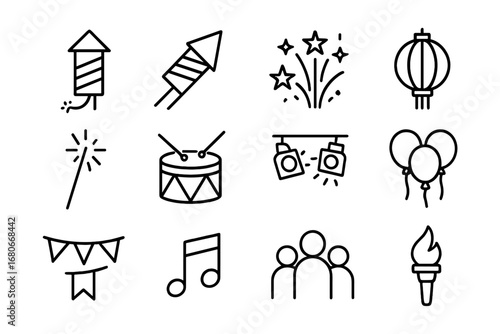 Festival Icon Set. Outline icon set of festival fireworks: firecracker, rocket, exploding star, lantern,