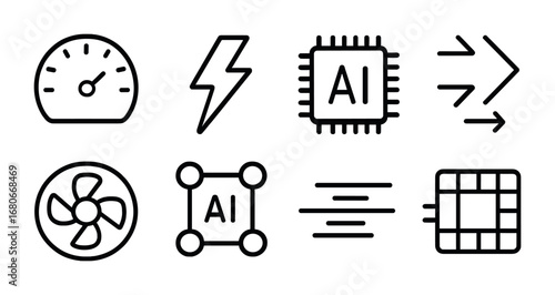 AI Icon Set. Outline icon set of AI acceleration: speedometer, lightning bolt, chip outline, arrows, turbo fan